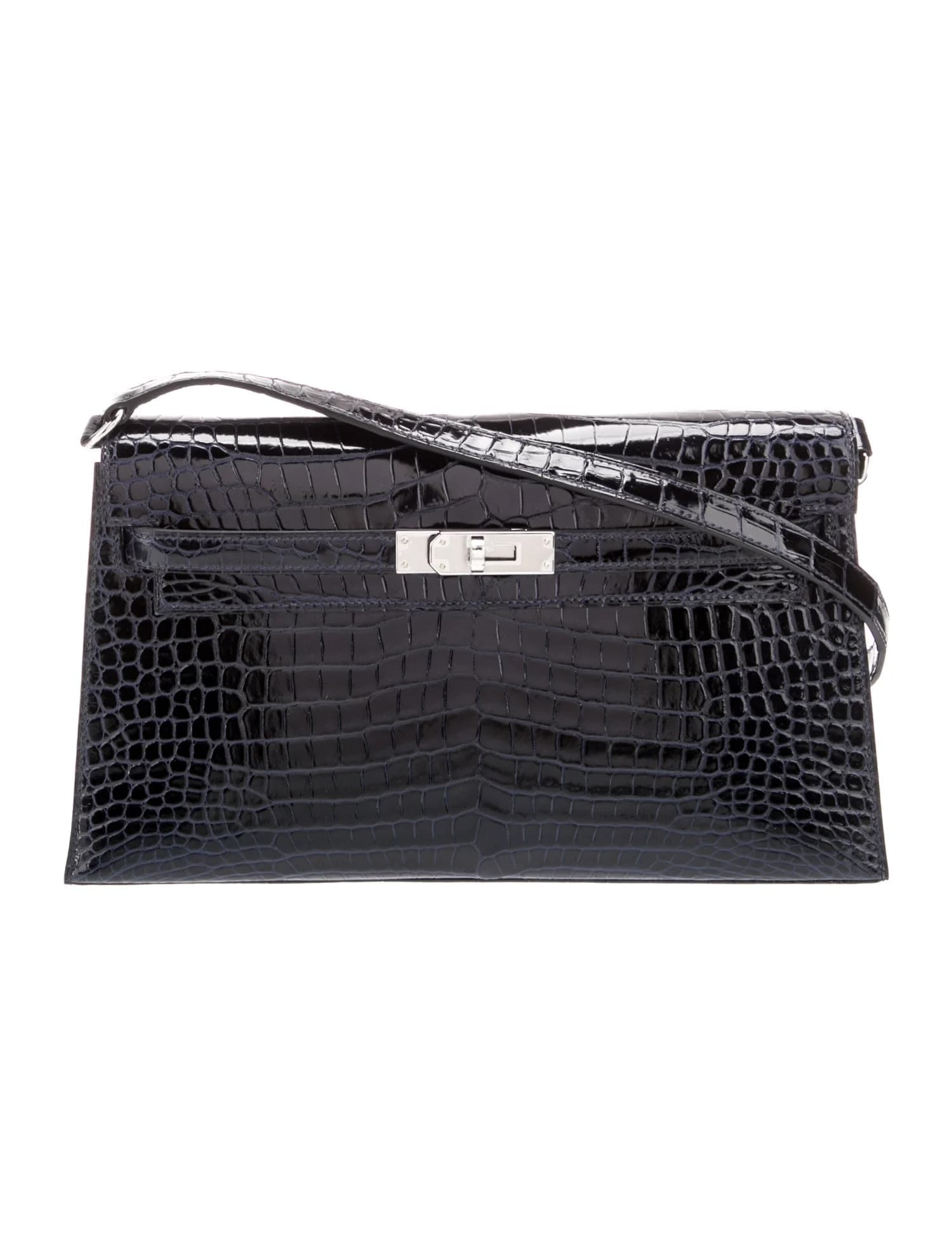 Kelly Elan Shiny Porosus Crocodile Bleu Marine Antiqued Silver-Tone